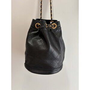 Authentic Vintage Chanel Bucket Bag Black Lambskin 24K Gold Hardware